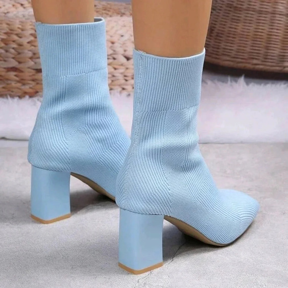 Fashion Blue Boots For Women, Minimalist Chunky Heeled Slip On Sock Boots - Picture 6 of 7
